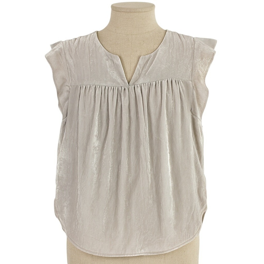 Loft Velvet Flutter Sleeve V Neck Blouse Pleated Shimmer Silver Gray Top S Women